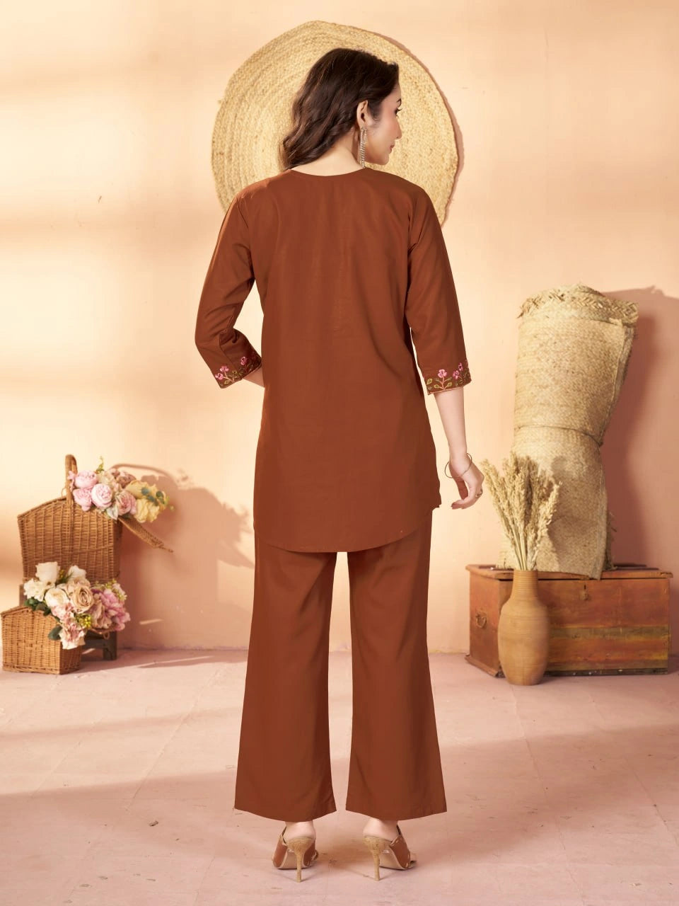 brown multi thread embroidered coord set kalyanja kc12 back view full length