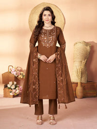 Brown Multi Thread Embroidered Kurti – Marina Silk Blend Set