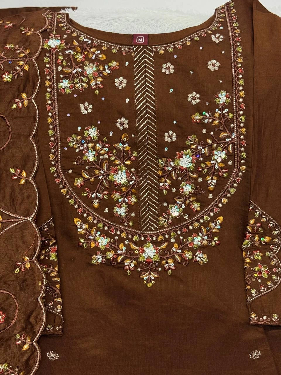 Brown Multi Thread Embroidered Kurti Marina Silk Blend KK110 - Flat Lay Detail