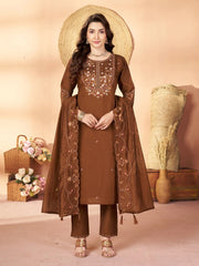 Brown Multi Thread Embroidered Kurti Marina Silk Blend KK110 - Front Full Length