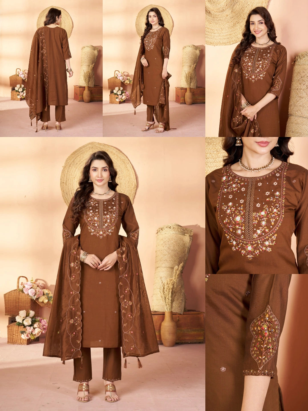 Brown Multi Thread Embroidered Kurti Marina Silk Blend KK110 - All Views