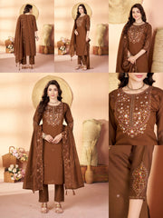 Brown Multi Thread Embroidered Kurti Marina Silk Blend KK110 - All Views