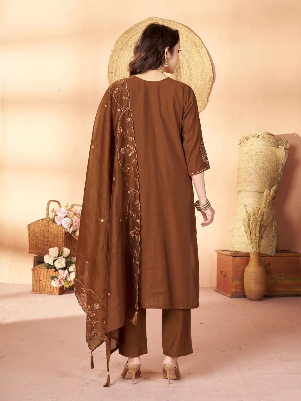 Brown Multi Thread Embroidered Kurti Marina Silk Blend KK110 - Back View