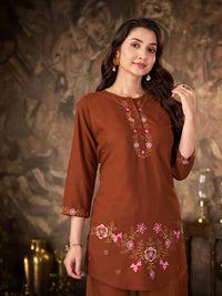 Brown Thread Embroidered Coord Set – Regular Top with Straight Pants