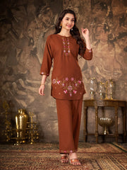 Brown Thread Embroidered Coord Set side angle full length Kalyanja KC22