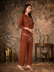 Brown Thread Embroidered Coord Set model pose Kalyanja KC22