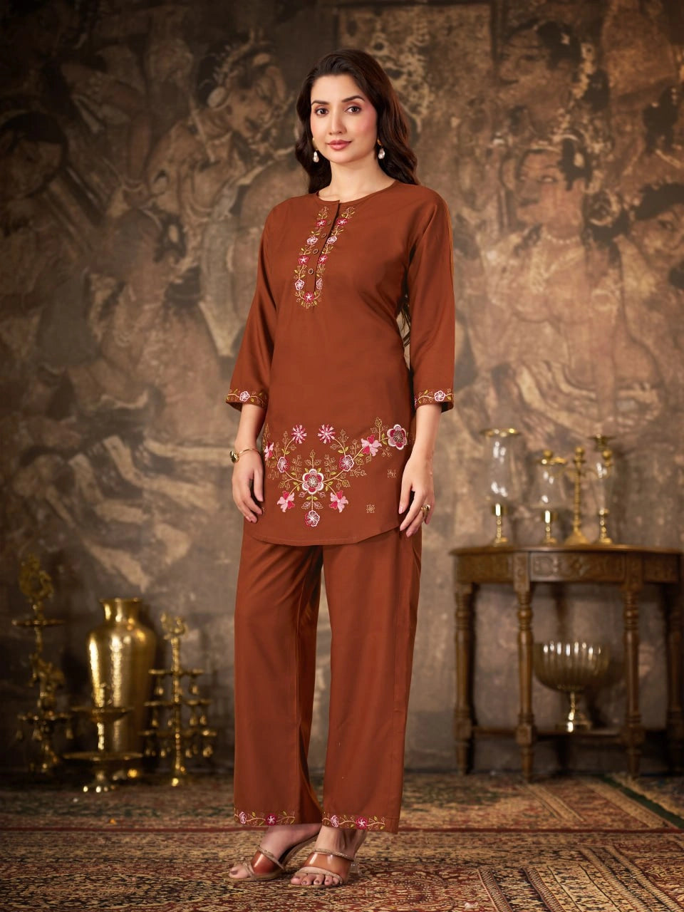 Brown Thread Embroidered Coord Set pants ankle embroidery Kalyanja KC22