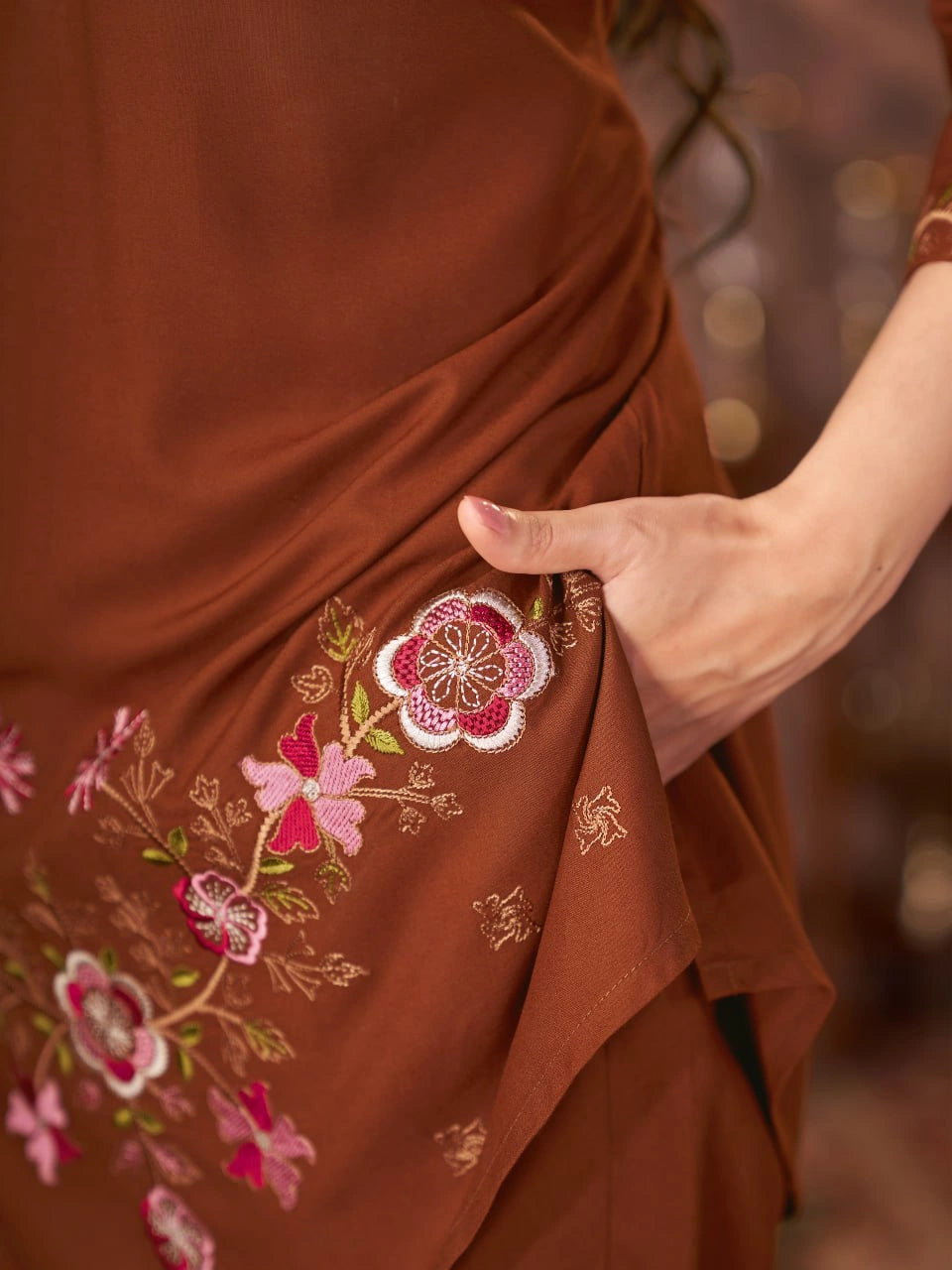 Brown Thread Embroidered Coord Set close up floral work detail Kalyanja KC22
