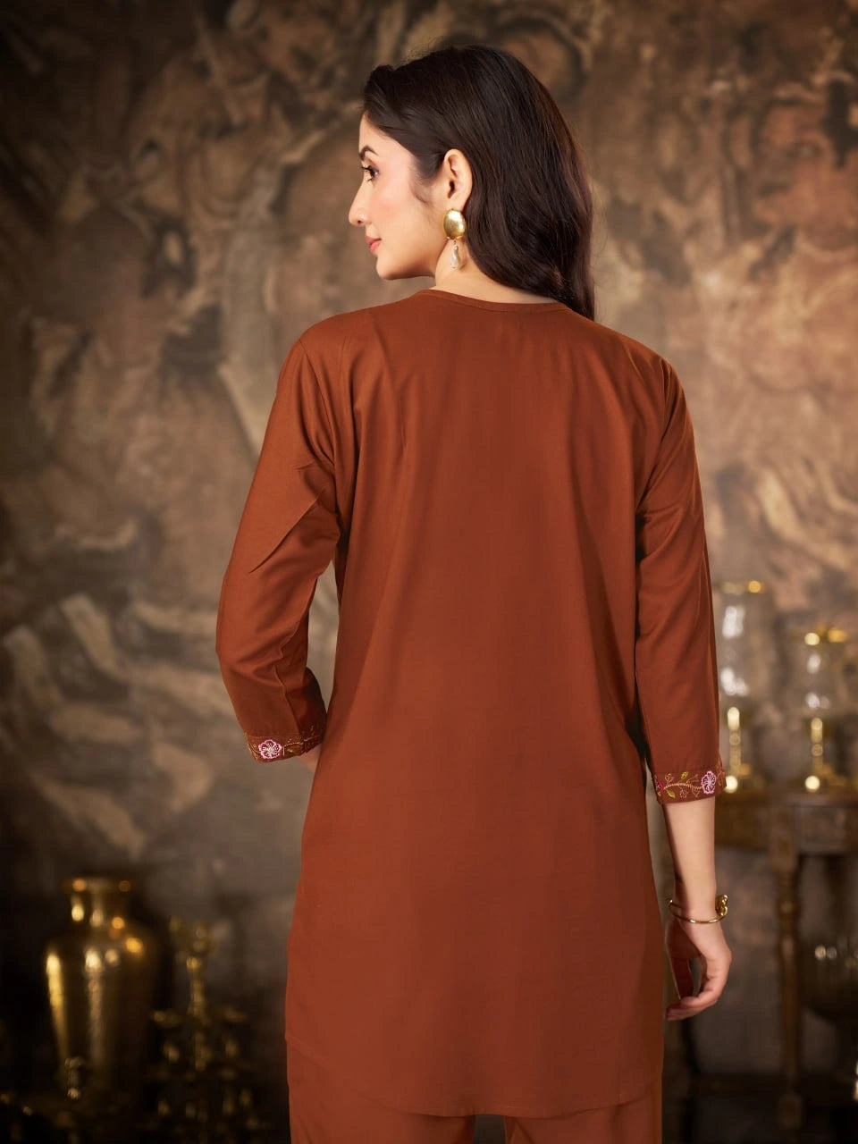 Brown Thread Embroidered Coord Set pocket detail Kalyanja KC22