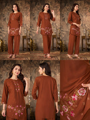 Brown Thread Embroidered Coord Set multiple views collage Kalyanja KC22
