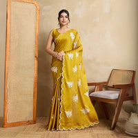 Mustard Yellow Embroidery Sequins Rangoli Silk Saree
