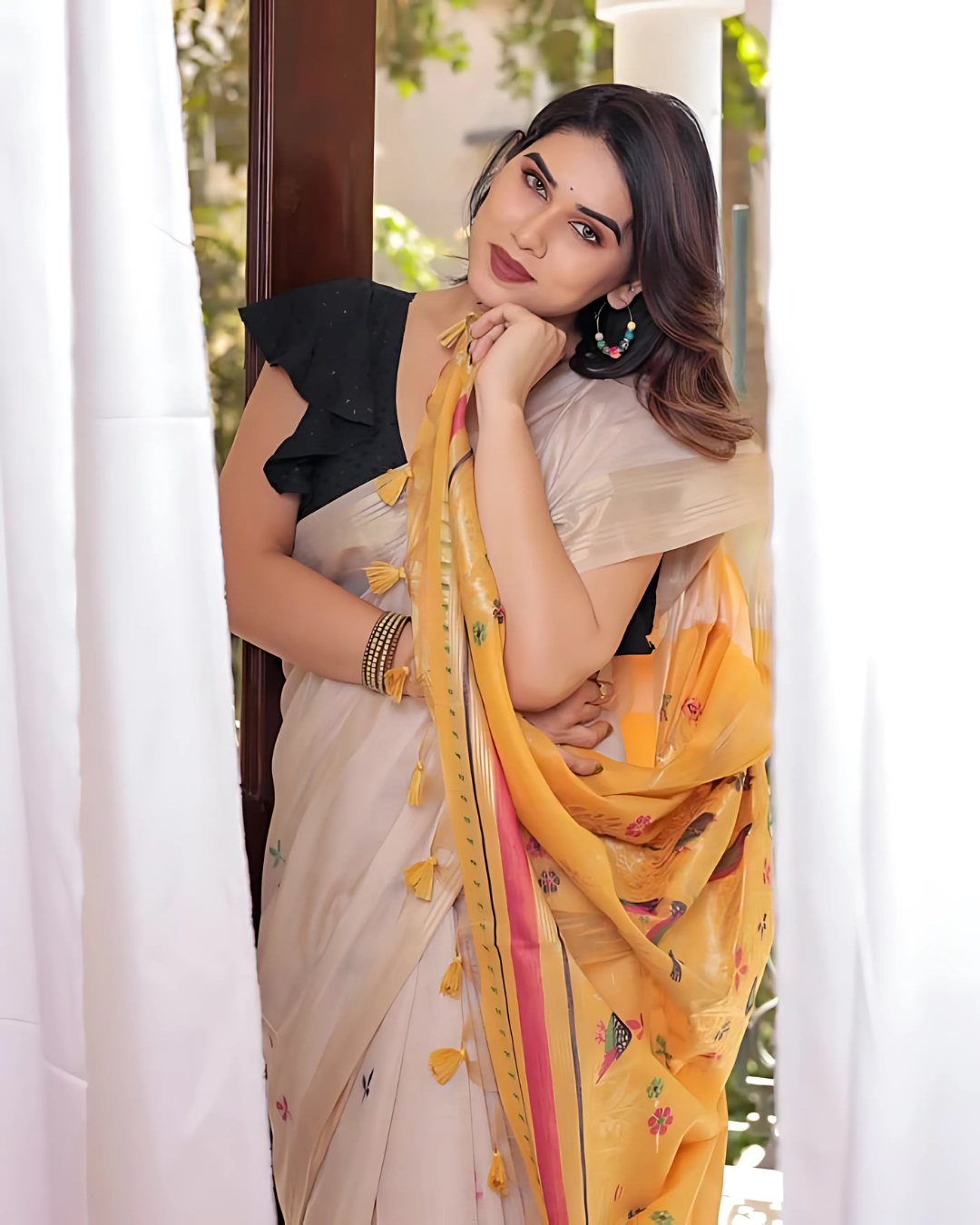 Brown Yellow Resham & Zari Weaving Soft Muga Cotton Saree
