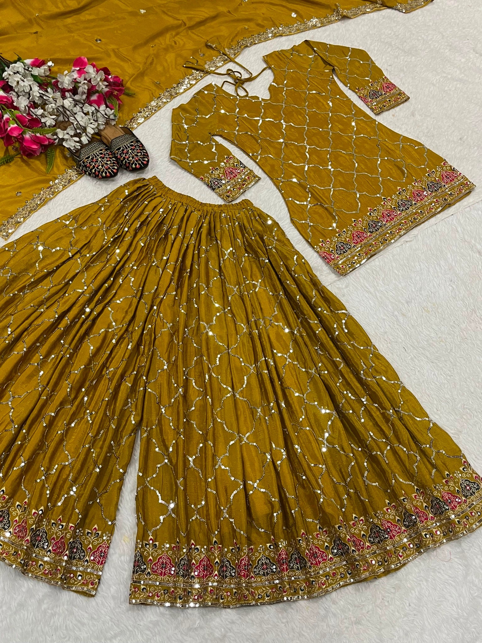 Brown Yellow Sequins Embroidered Suit flat lay kurta palazzo dupatta KU263 Kalyanja