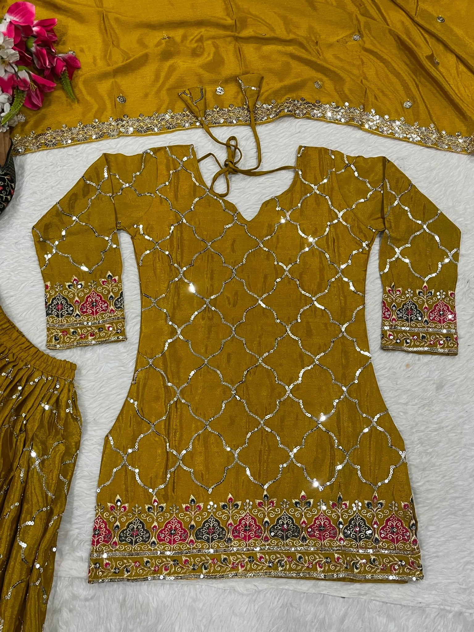Brown Yellow Sequins Embroidered Suit flat lay palazzo embroidery border KU263 Kalyanja