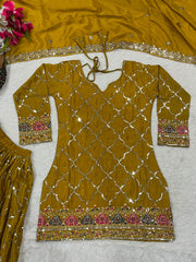 Brown Yellow Sequins Embroidered Suit flat lay palazzo embroidery border KU263 Kalyanja