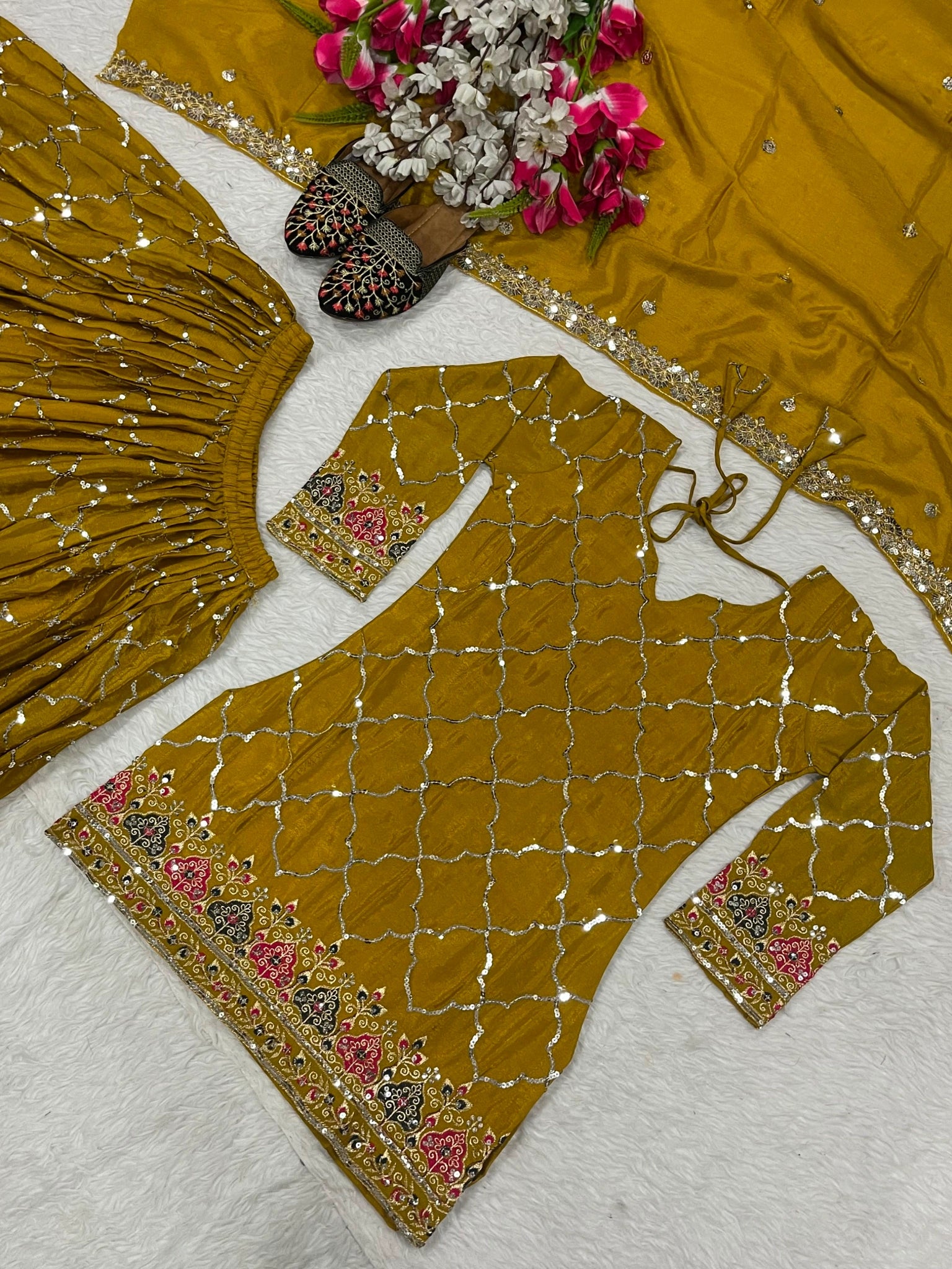 Brown Yellow Sequins Embroidered Suit Chinon Silk Blend flat lay detail KU263 Kalyanja