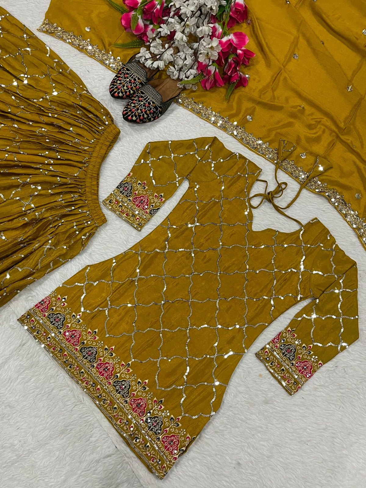 Brown Yellow Sequins Embroidered Suit Chinon Silk Blend flat lay detail KU263 Kalyanja