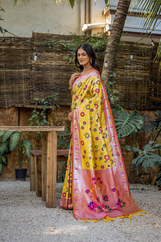 Brown Yellow Zari Work Soft Banarasi Silk Saree - kalyanja