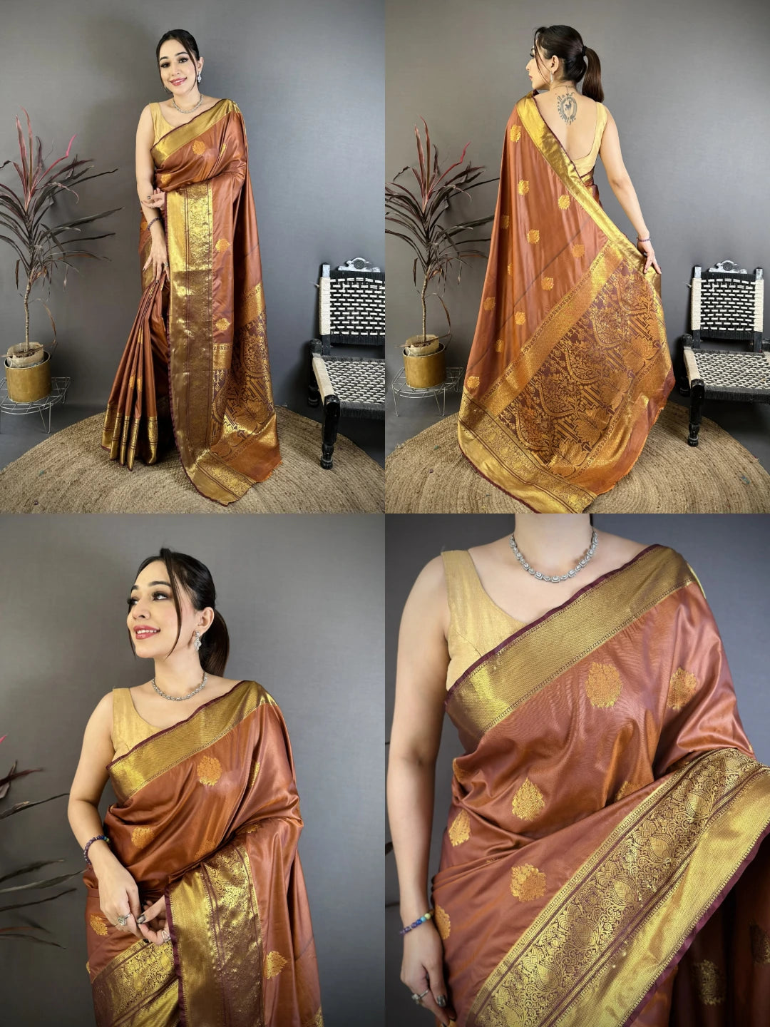 Brown Zari Weaving Saree collage – KS374 Kalyanja