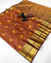 Brown Zari Weaving Saree flat lay spread – KS374