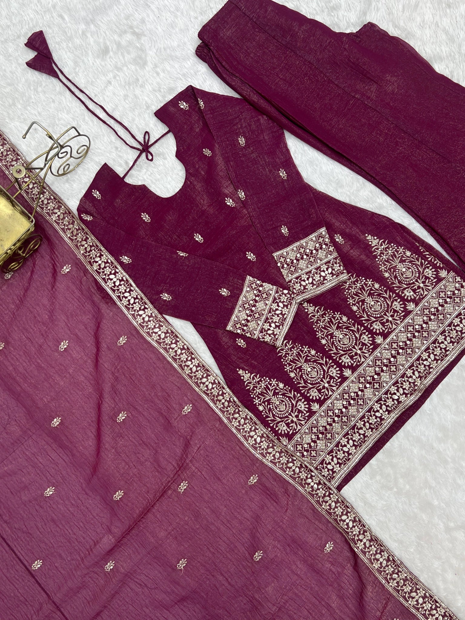 Burgundy suit set flat lay - kurta, pant and dupatta