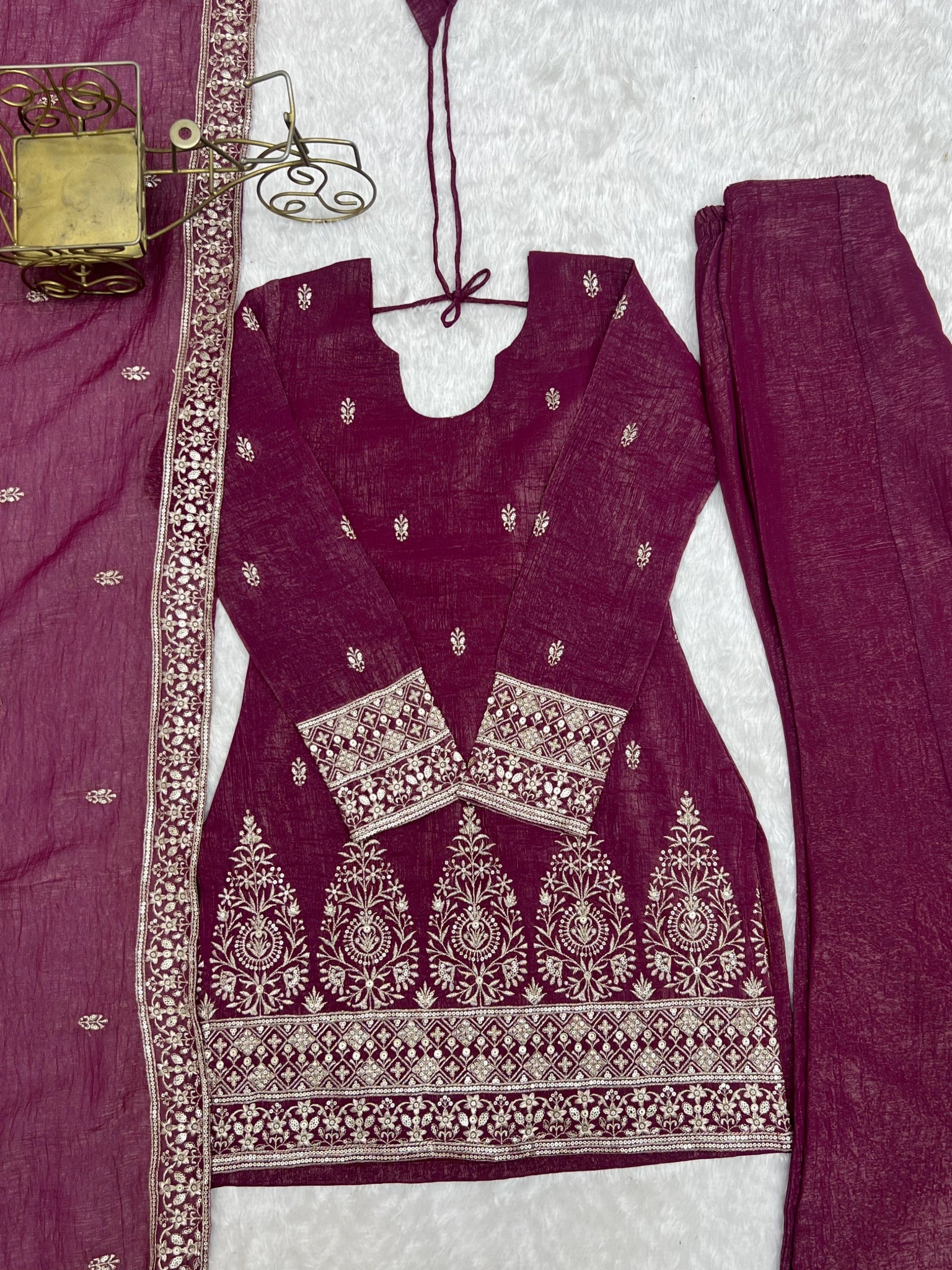 Burgundy suit flat lay - sequins and zari work