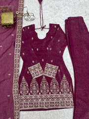 Burgundy suit flat lay - sequins and zari work