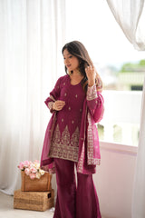 Burgundy sequins embroidered with zari work suit with bell bottom pant and dupatta - front view