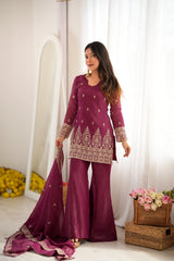Burgundy sequins embroidered with zari work suit - model with dupatta