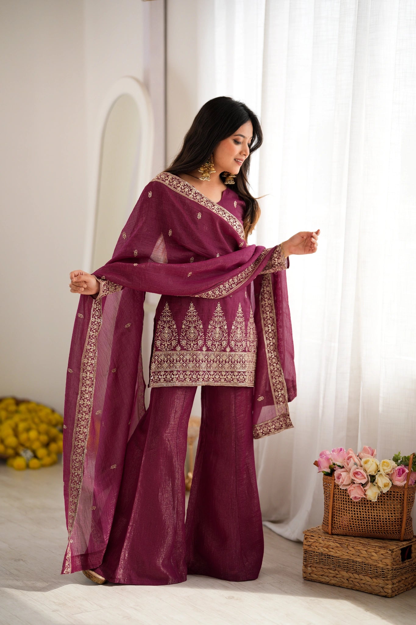 Burgundy sequins embroidered with zari work suit - dupatta draped