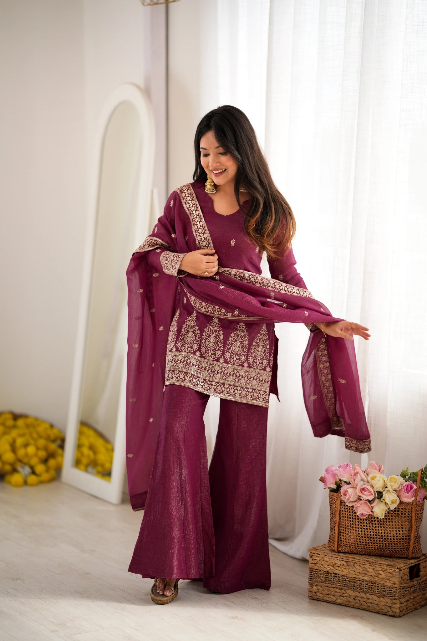 Burgundy zari work suit set - bell bottom pant look