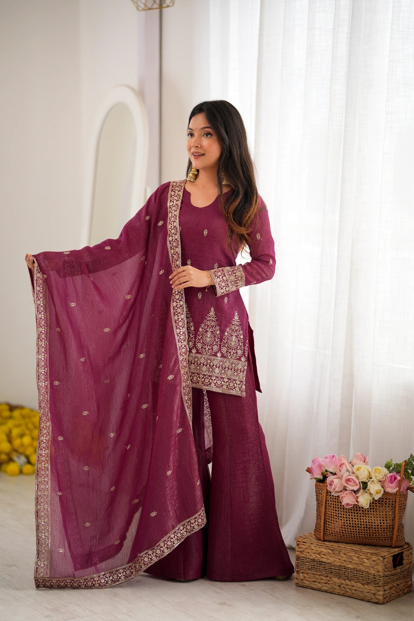 Burgundy sequins suit - side pose with dupatta