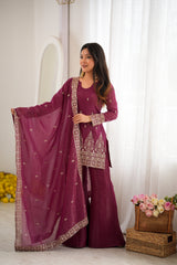 Burgundy sequins suit - side pose with dupatta