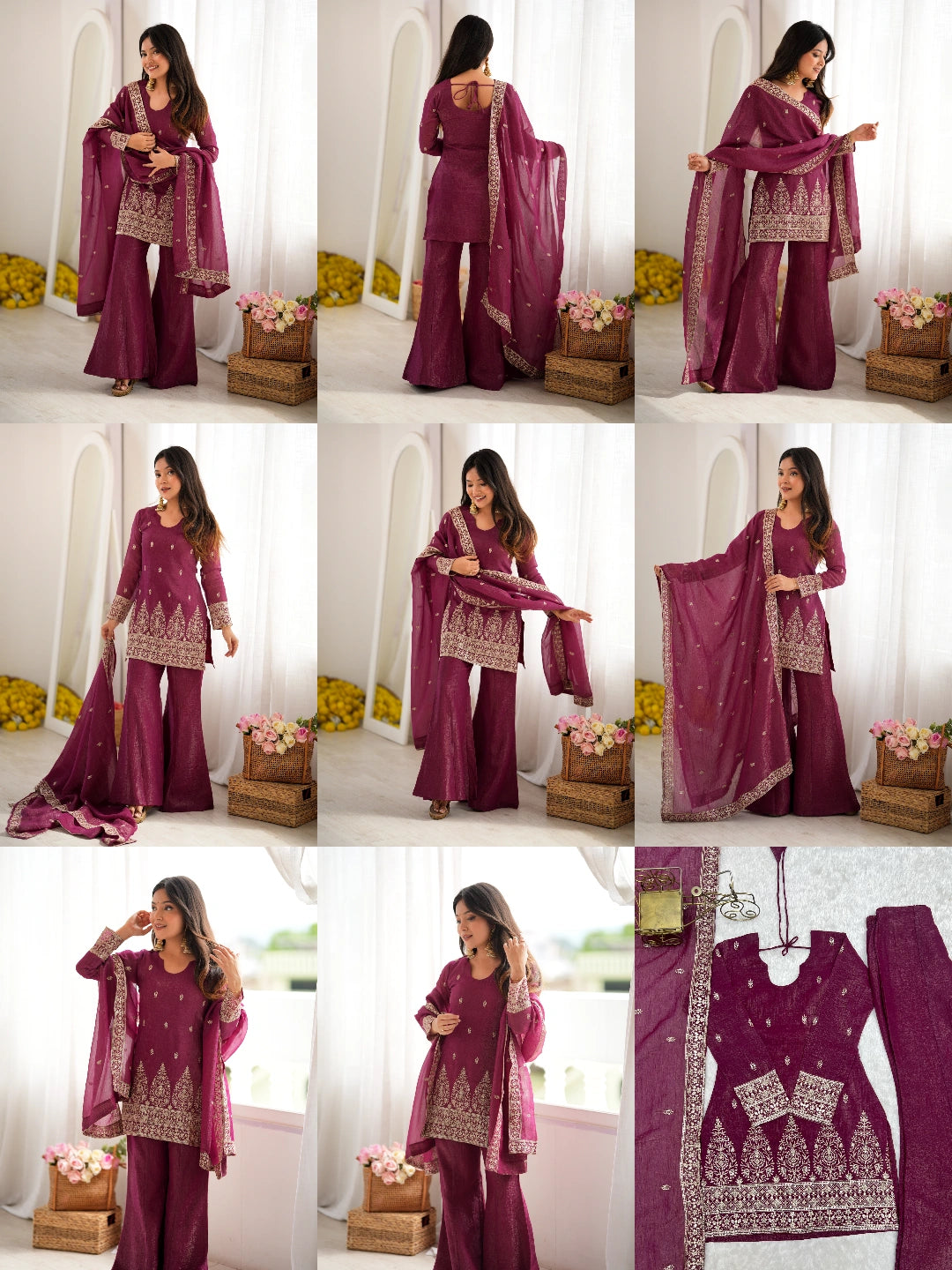 Burgundy sequins zari suit - styled multiple poses