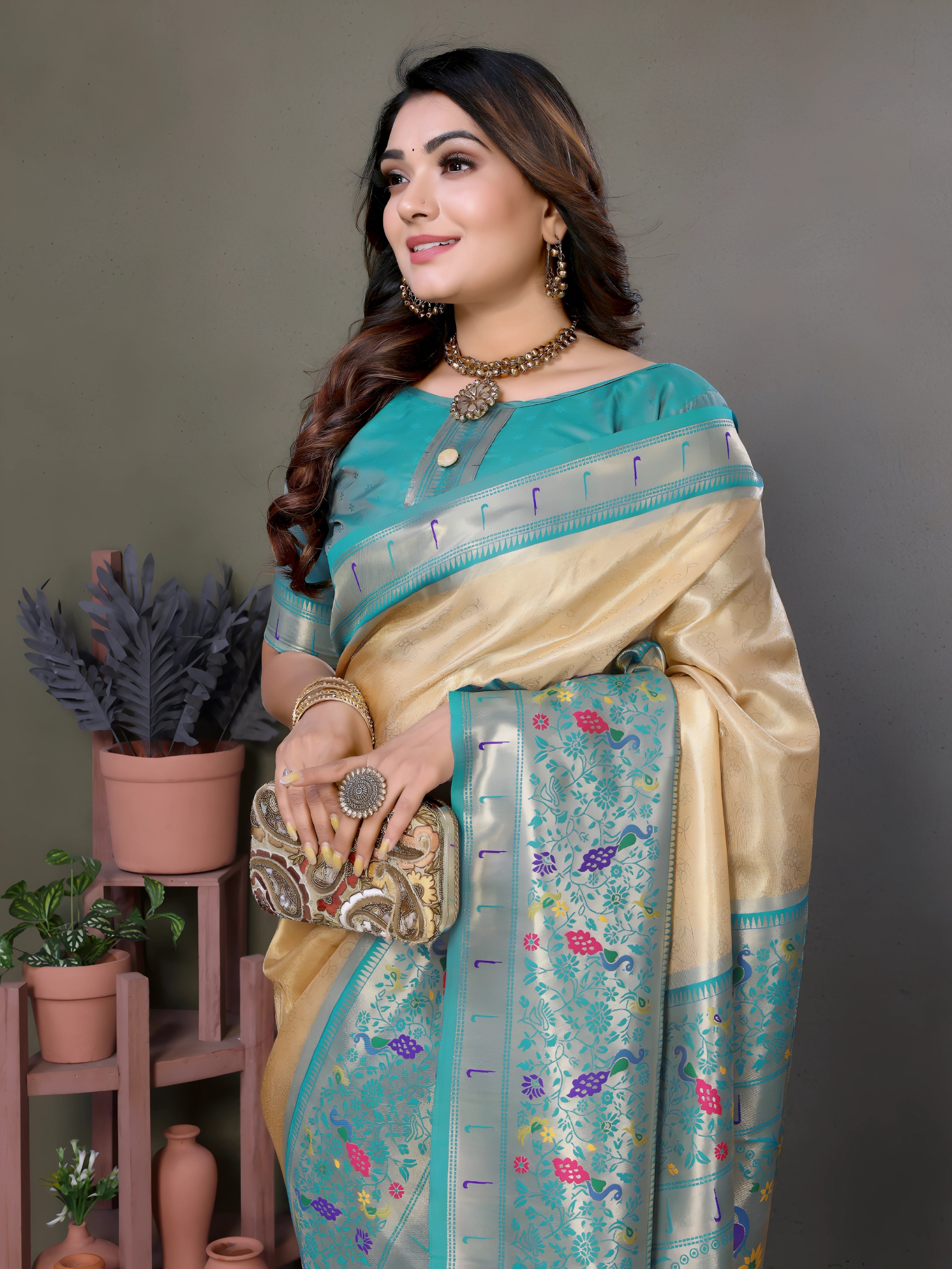Beige Paithani Woven Banarasi Tissue Silk Saree