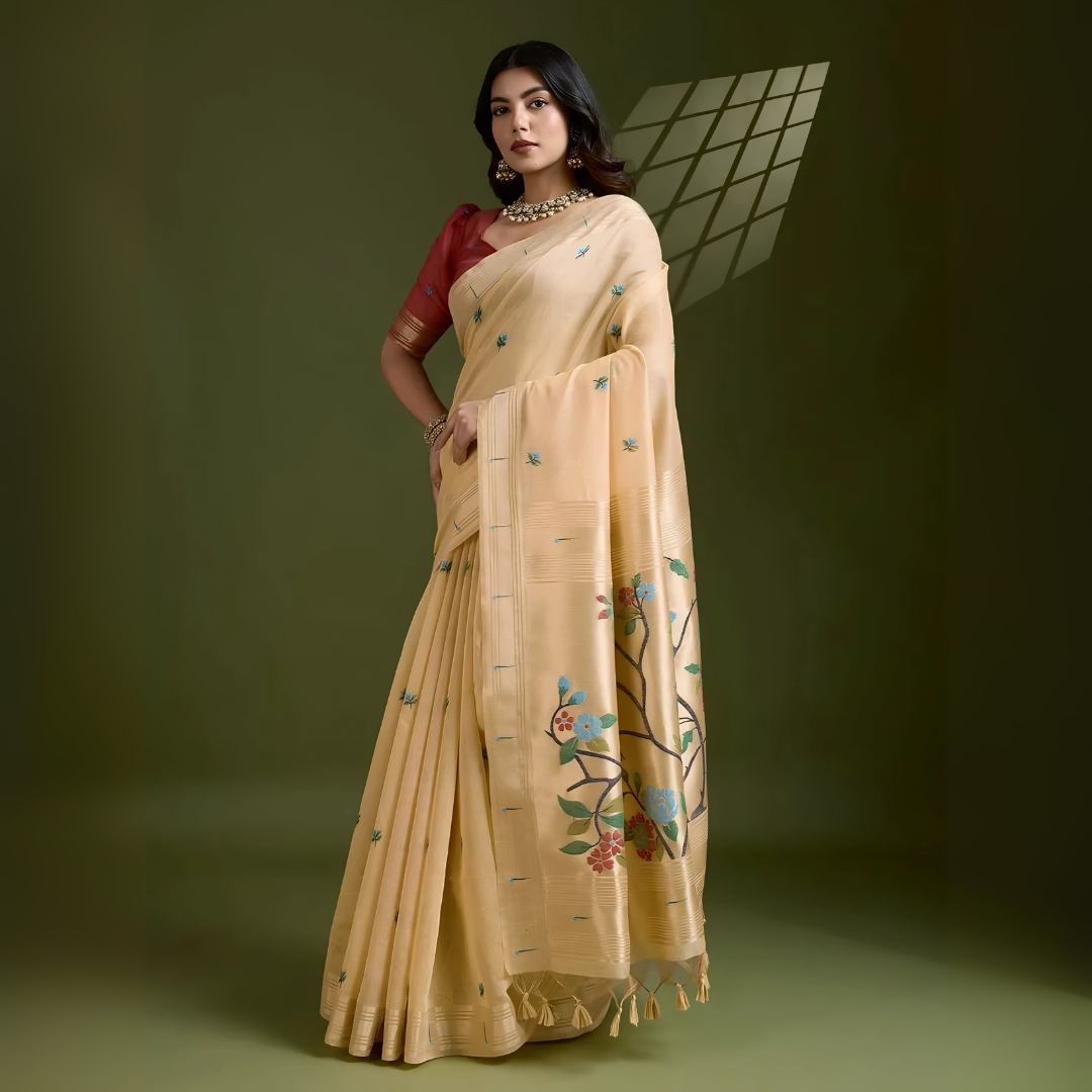Peach Resham & Zari Weaving Soft Muga Cotton Saree