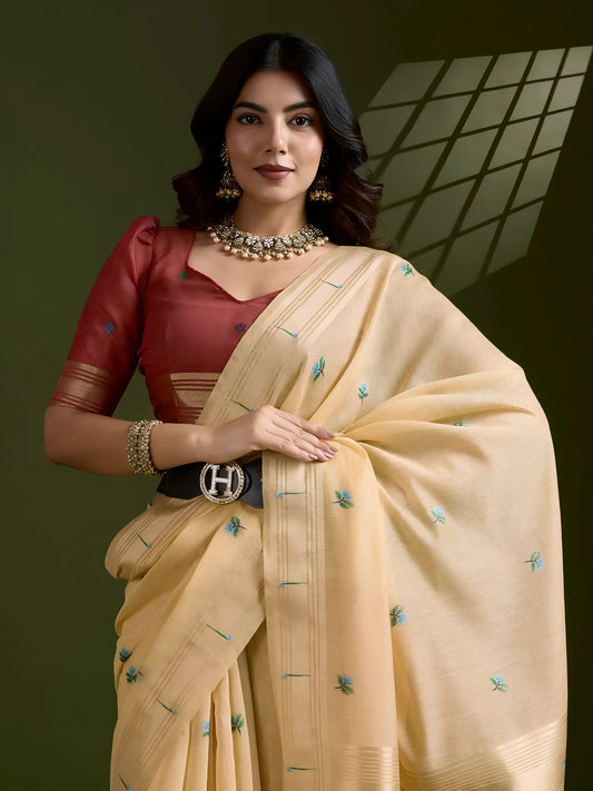 Peach Resham & Zari Weaving Soft Muga Cotton Saree