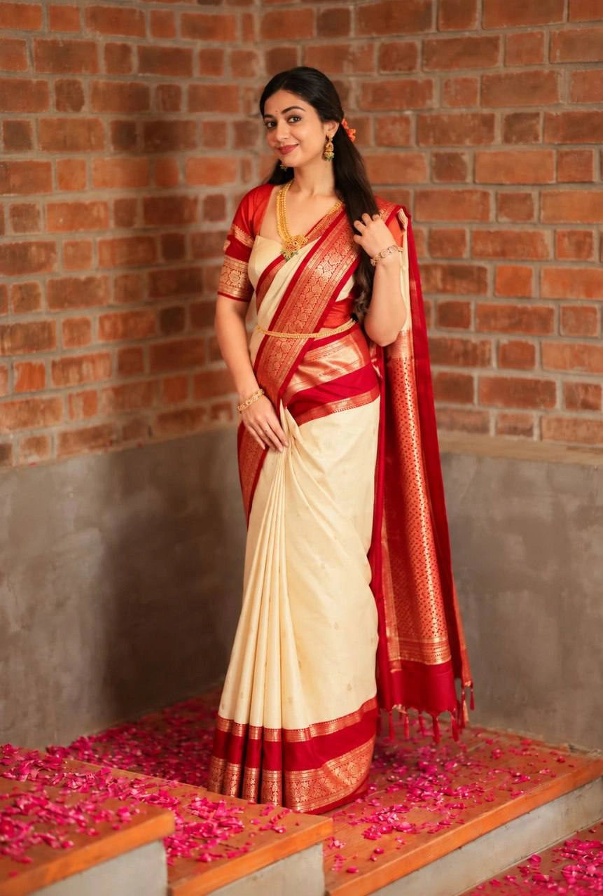 Cream jacquard weaving saree with red zari peacock border draped on model – Kalyanja KS407 front view