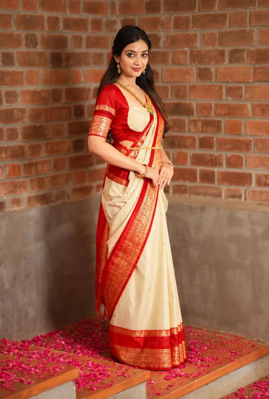 Cream art silk blend saree with red contrast pallu worn by model – Kalyanja KS407