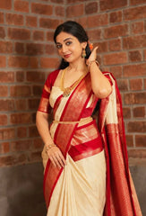 Cream jacquard weaving saree pleats and zari border close-up on model – Kalyanja KS407