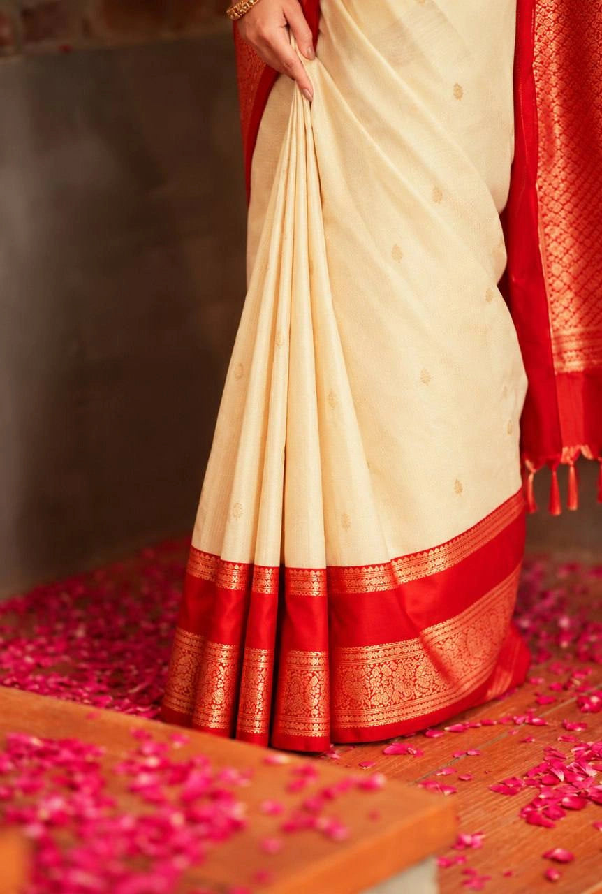 Cream jacquard weaving saree lower drape with red zari border and pallu – Kalyanja KS407