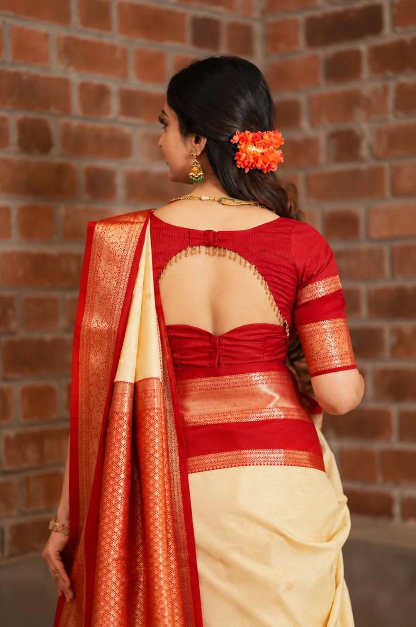 Cream art silk blend saree back view with red blouse and jacquard pallu – Kalyanja KS407