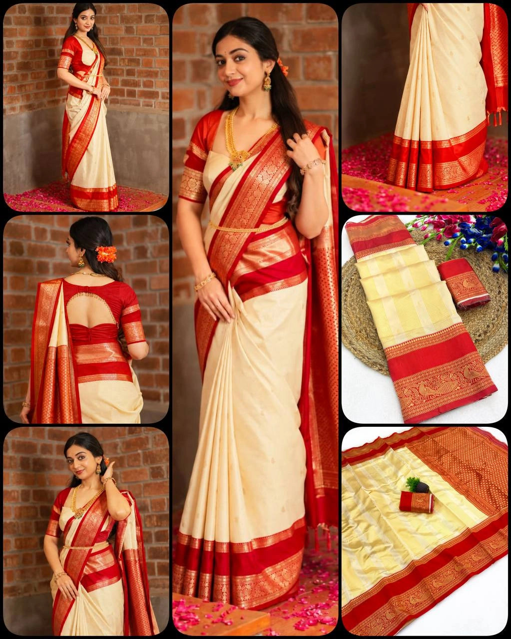 Cream jacquard weaving saree multiple angles collage – Kalyanja KS407