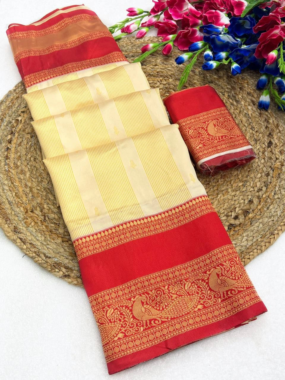 Cream art silk blend saree folded flat lay with red zari border and blouse piece – Kalyanja KS407