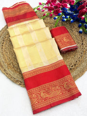 Cream art silk blend saree folded flat lay with red zari border and blouse piece – Kalyanja KS407
