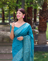 Cyan Blue Warli Weaving Soft Banglori Raw Silk Saree featuring intricate handloom craftsmanship, perfect for reception, sangeet, and festive occasions.