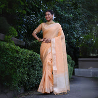 Light Peach Zari Work Maheshwari Tissue Silk Saree