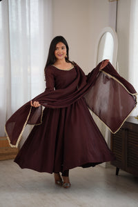 Dark Brown Handwork Suit – Anarkali with Pant & Dupatta