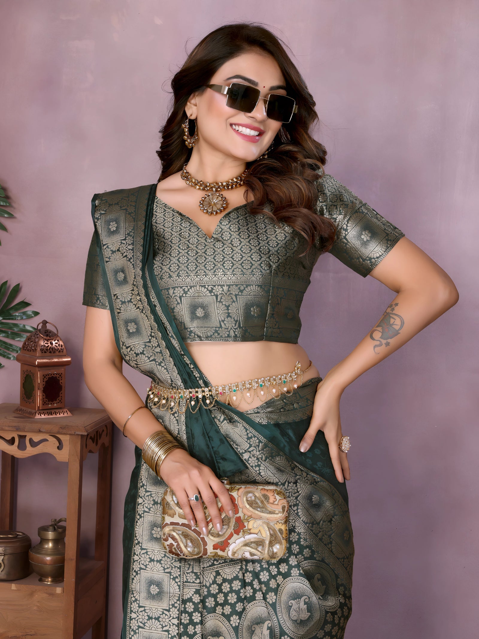 Dark Green Soft Satin Silk Zari Weaving Saree