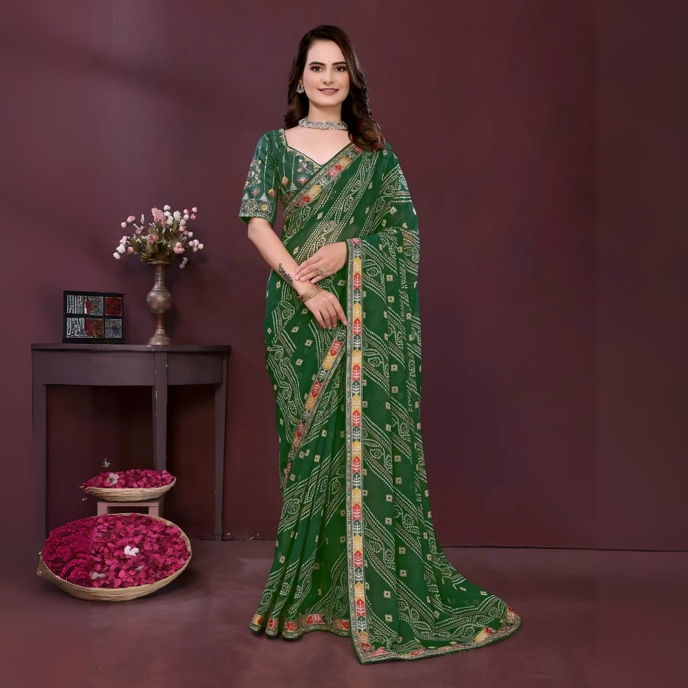 Dark Green Digital Print with Embroidery Work Georgette Saree